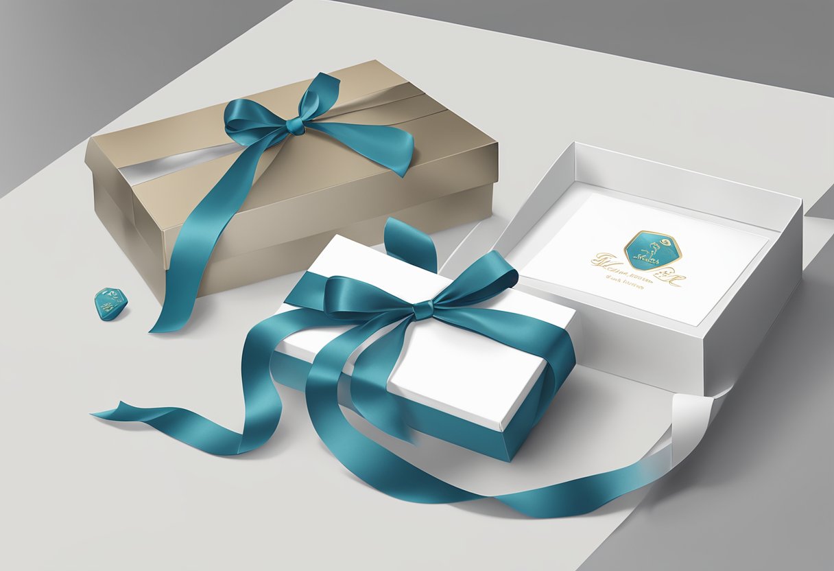 A hand placing a custom logo paperweight into a sleek gift box, with a ribbon and personalized note card