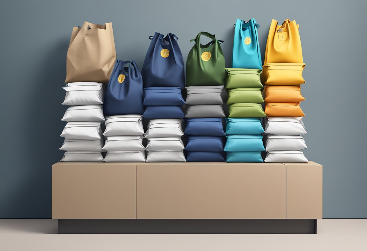 A stack of custom printed recycled bags arranged neatly on a display shelf