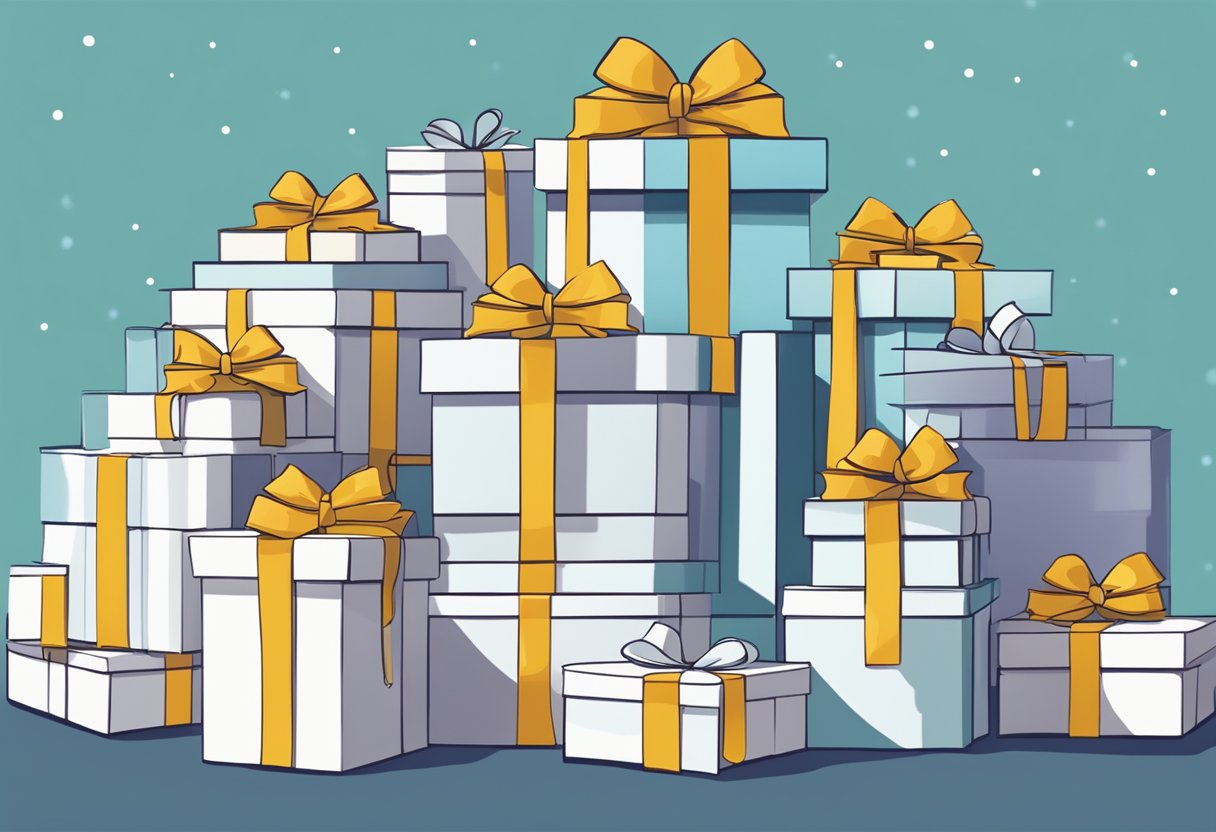 A stack of neatly arranged corporate gift boxes with "Frequently Asked Questions" printed on the front, surrounded by festive ribbons and bows