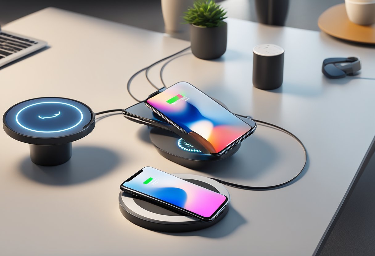 A table with multiple branded wireless chargers, each customized with different logos and colors, displayed in a well-lit room
