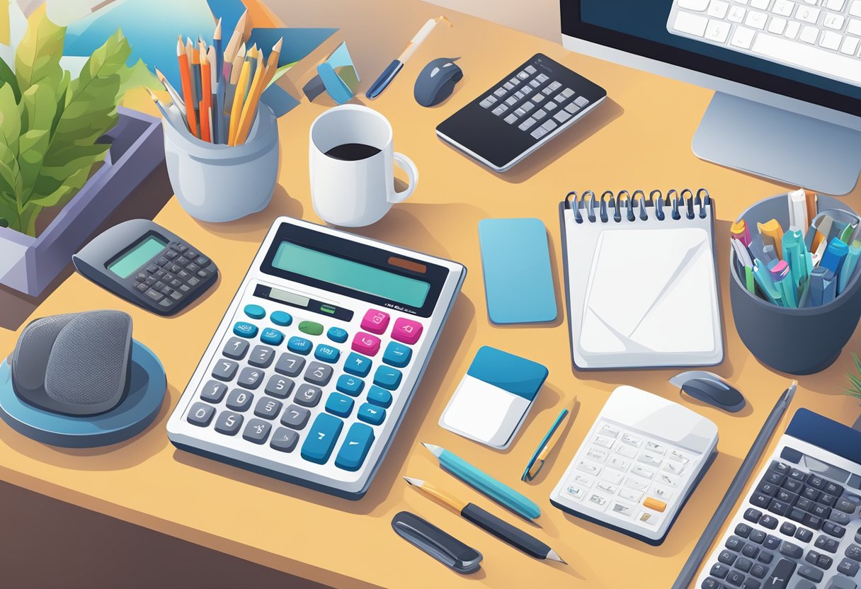 A calculator and mousepad are arranged on a desk, surrounded by corporate gifts