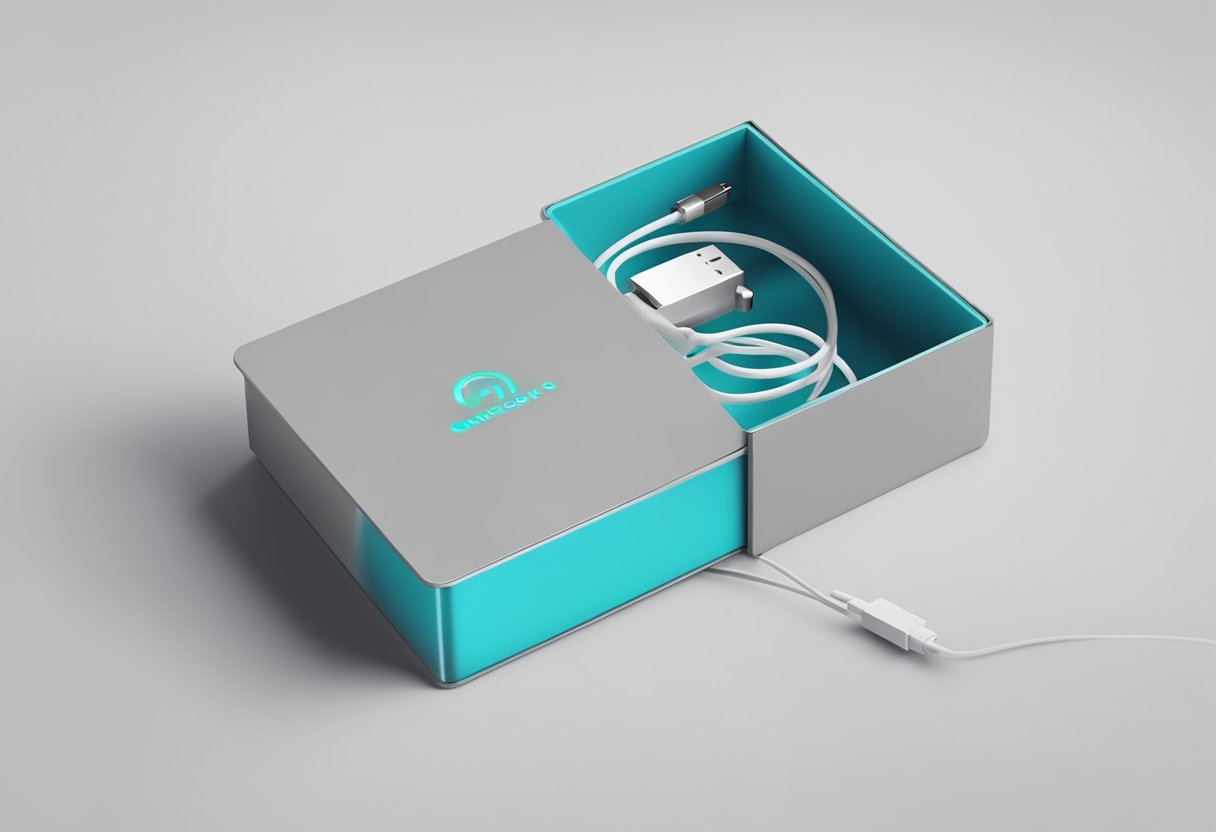 A sleek, modern charging cable with LED lights, coiled neatly in a branded corporate gift box