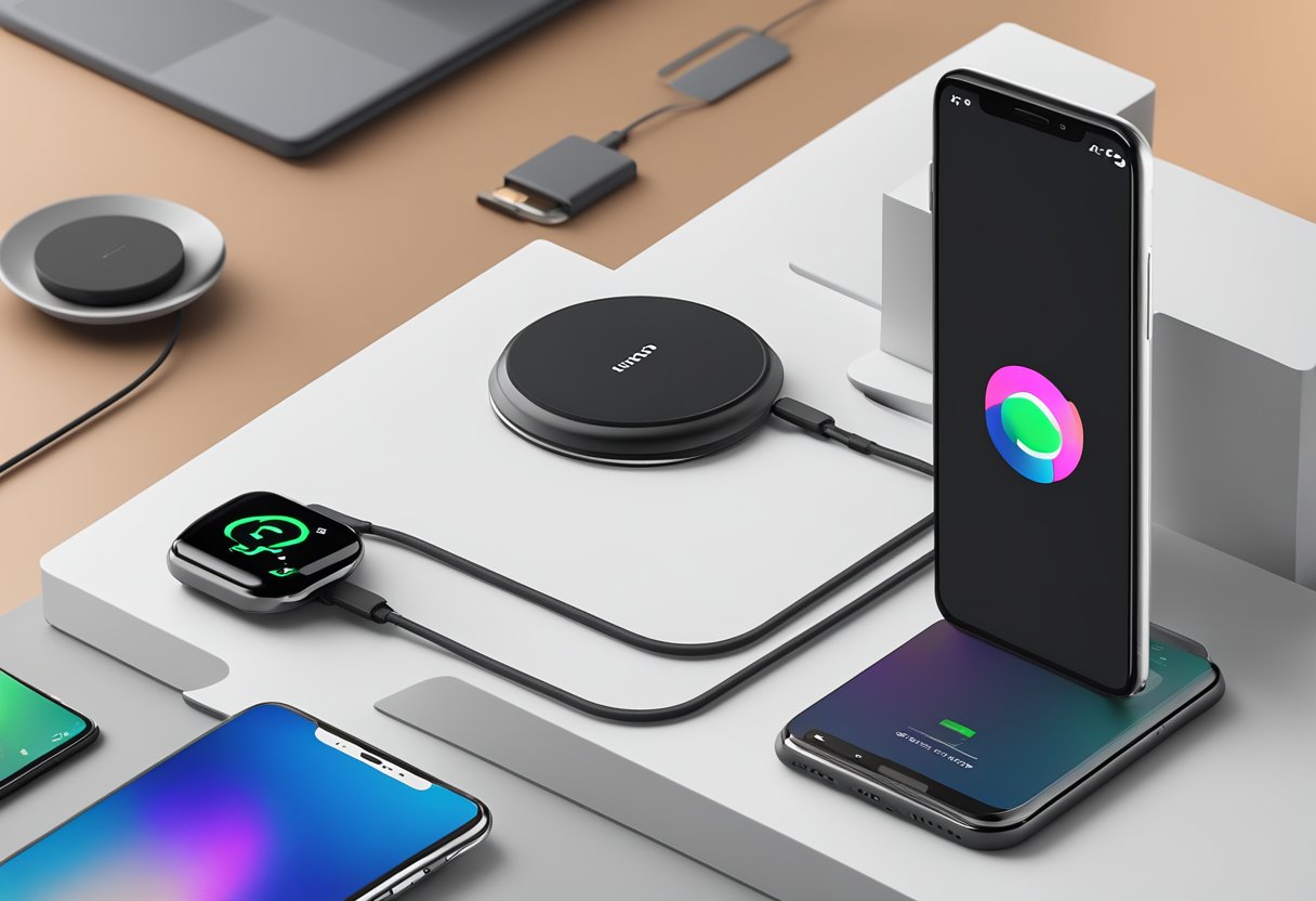 A sleek, modern wireless charger with the "Frequently Asked Questions" logo prominently displayed, surrounded by electronic devices