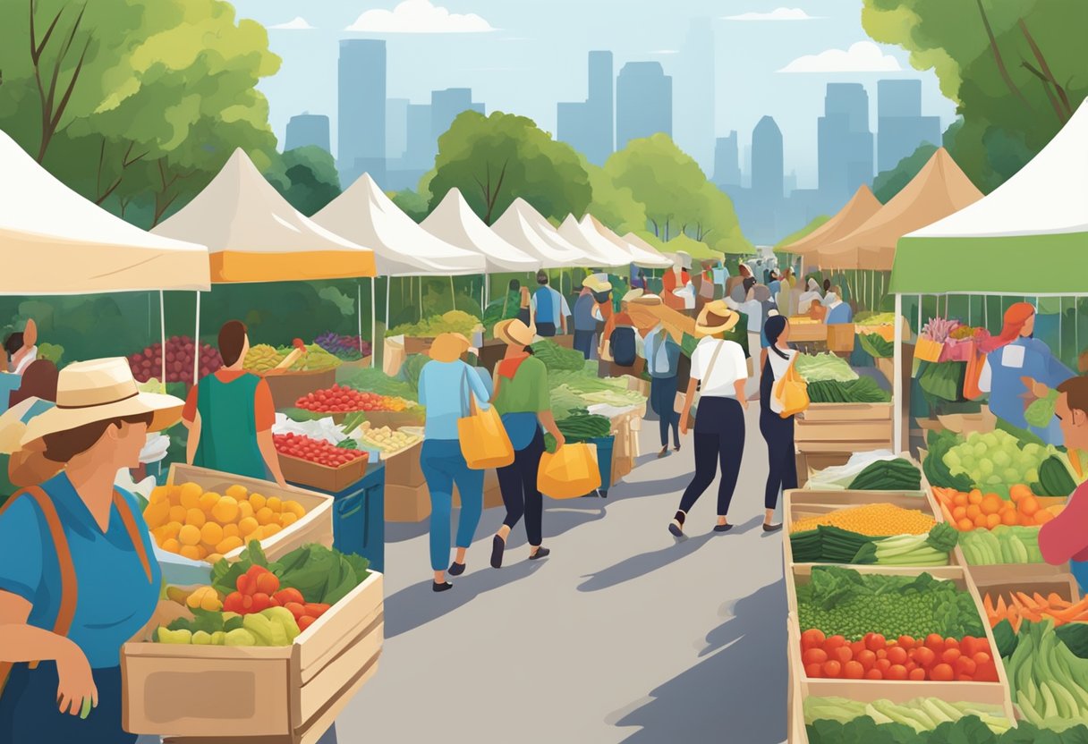 A bustling farmer's market with people carrying custom printed recycled bags filled with fresh produce and goods. The bags are prominently displayed, showcasing their eco-friendly message