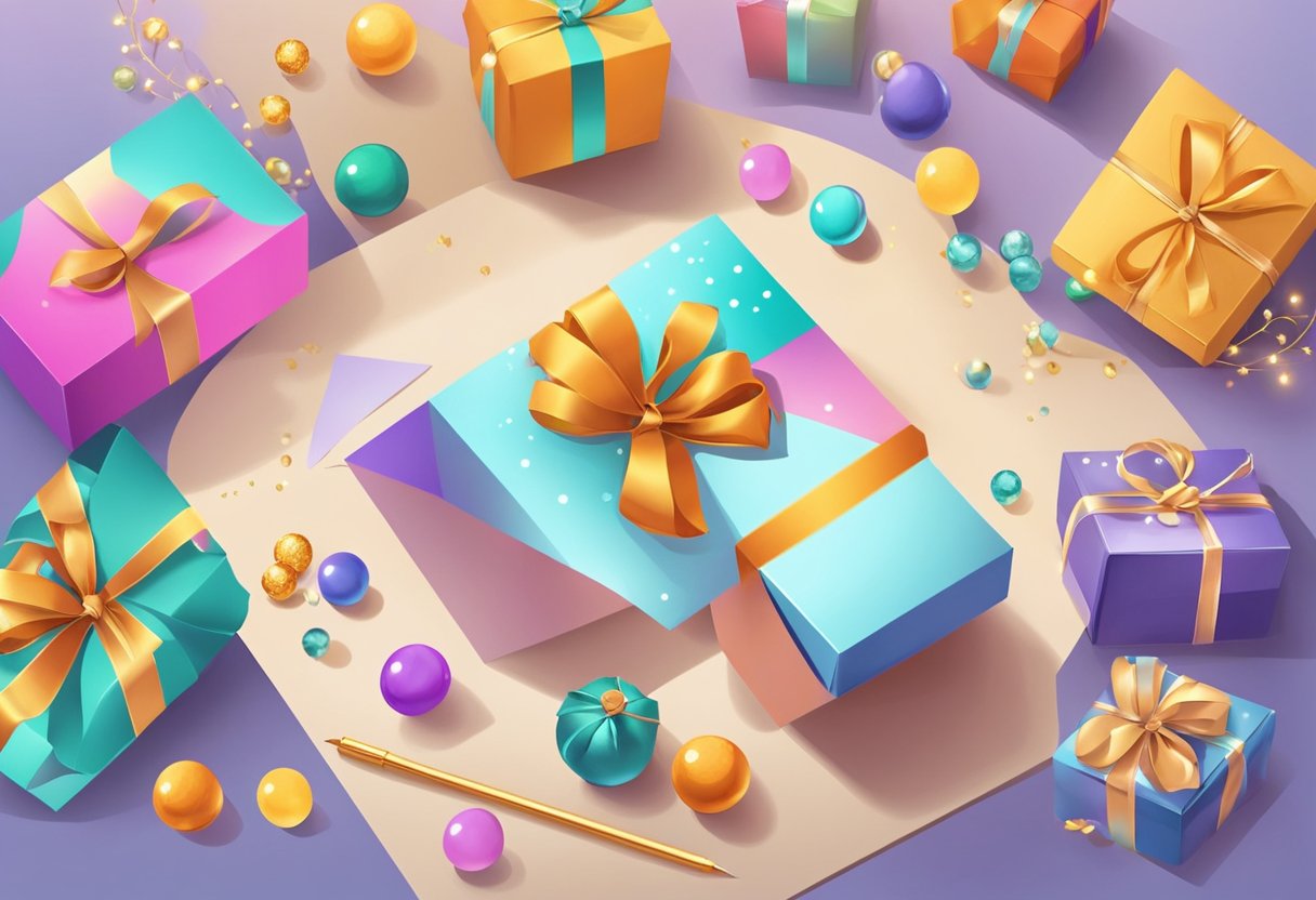 A colorful card and gift box sit on a table, surrounded by festive decorations