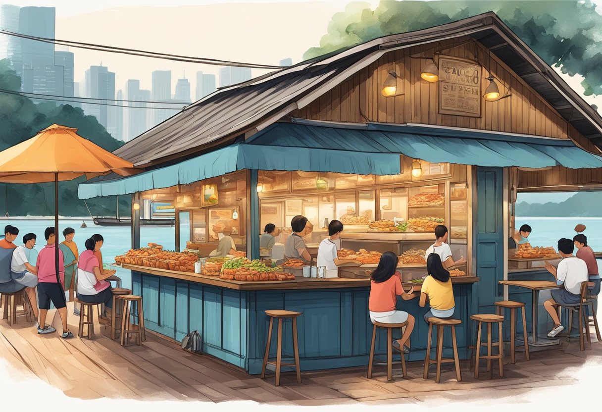 A rustic seafood shack in Tanjong Pagar, bustling with diners savoring buttery lobster rolls and crisp fries, while the aroma of fresh seafood fills the air