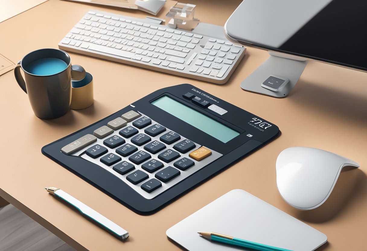 A sleek calculator mousepad sits on a modern desk, surrounded by innovative corporate gifts