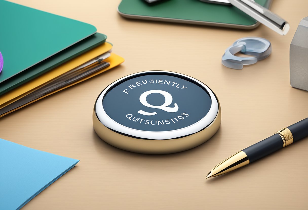 A sleek, modern paperweight with "Frequently Asked Questions" engraved on its surface sits on a polished desk, surrounded by other office supplies
