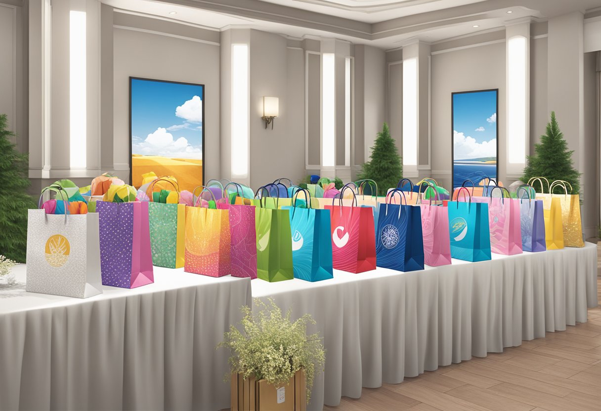 A table adorned with custom gift bags, each displaying a corporate logo