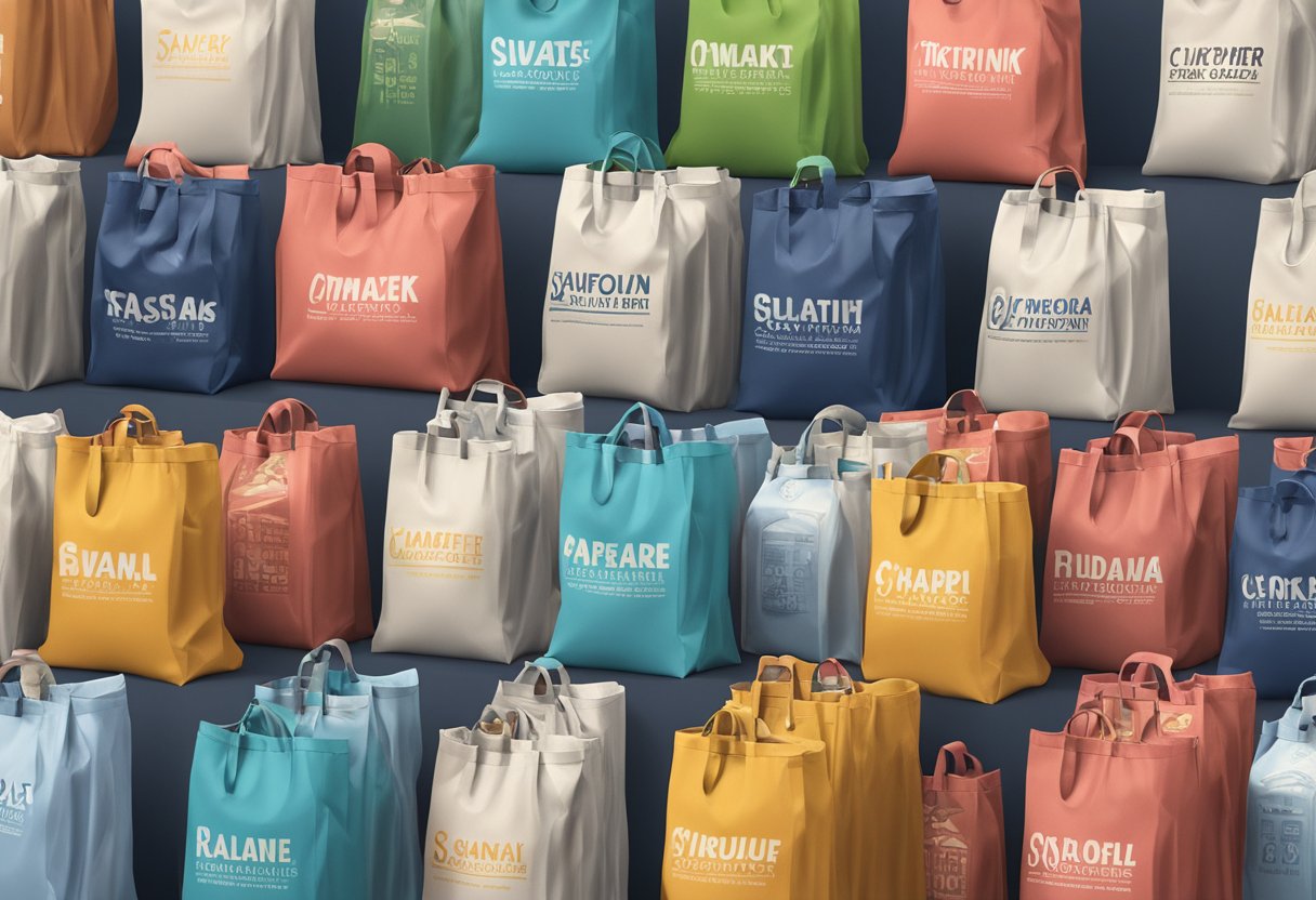 A stack of custom printed recycled bags with various designs and logos arranged neatly on a display table