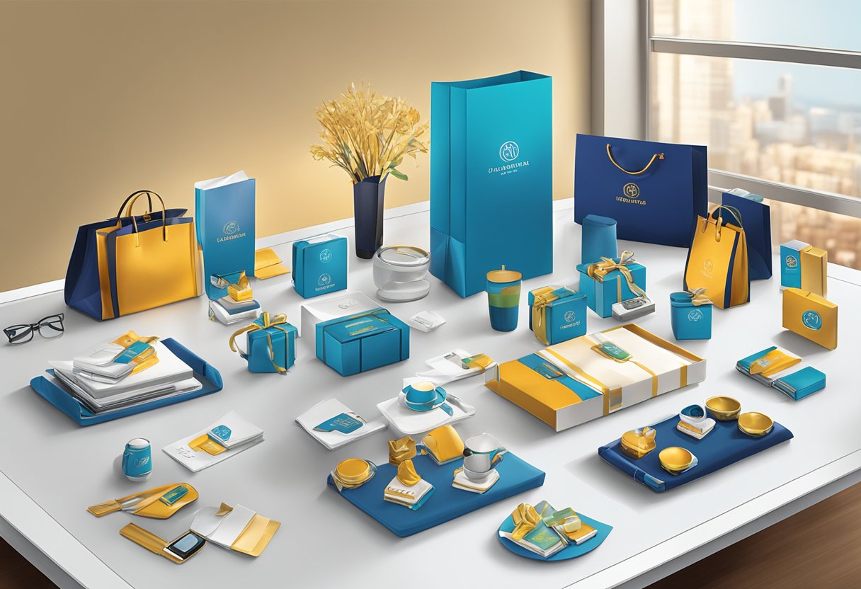 A table with various corporate gift items displayed, including branded merchandise, luxury items, and personalized gifts. Lighting highlights the products