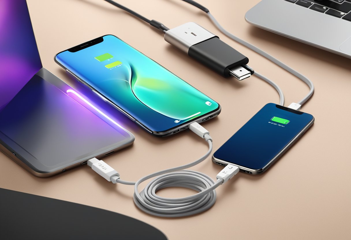 A sleek charging cable with LED, featuring custom branding, sits on a desk in a modern office setting