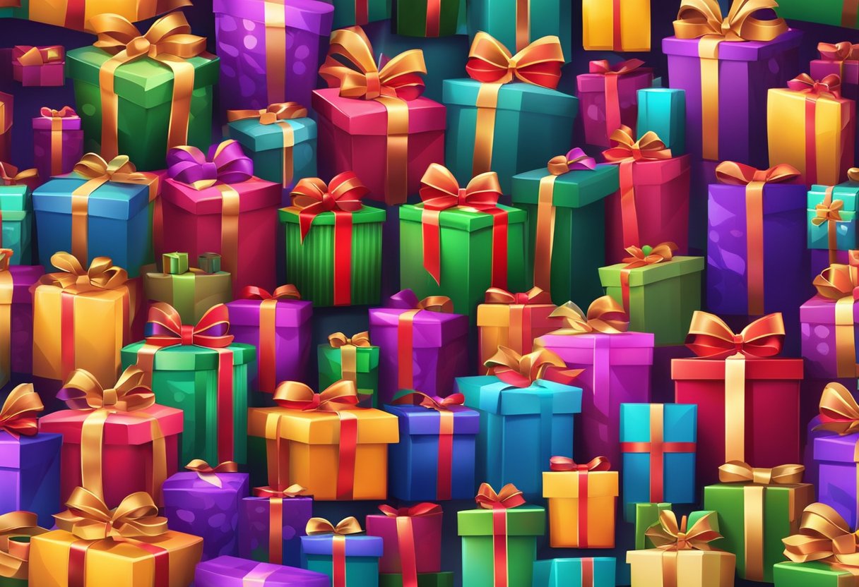 A pile of colorful Christmas gifts stacked in a festive bulk