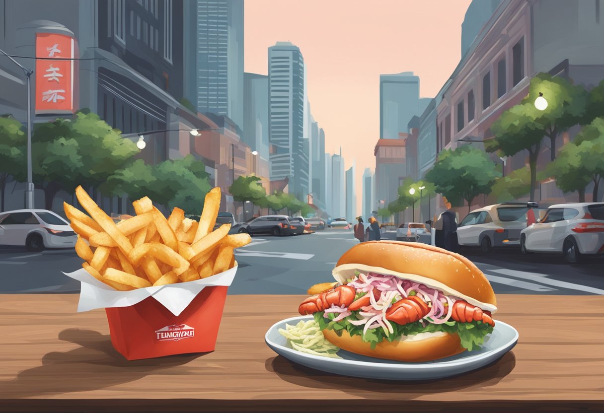 A lobster roll sits on a wooden board with a side of crispy fries and a small dish of tangy coleslaw, all set against a backdrop of a bustling Tanjong Pagar street