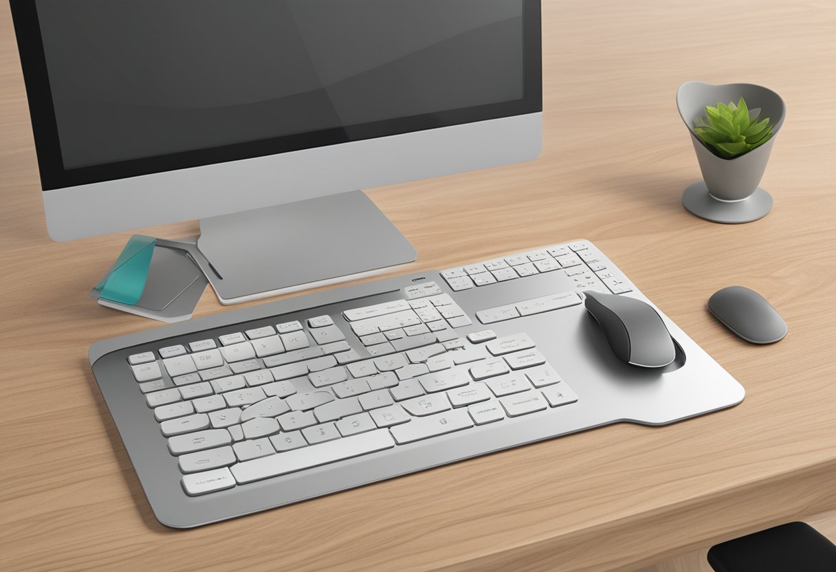 A sleek, modern calculator mousepad sits on a desk, with a corporate logo subtly embossed. The material is high-quality, with a smooth, matte finish