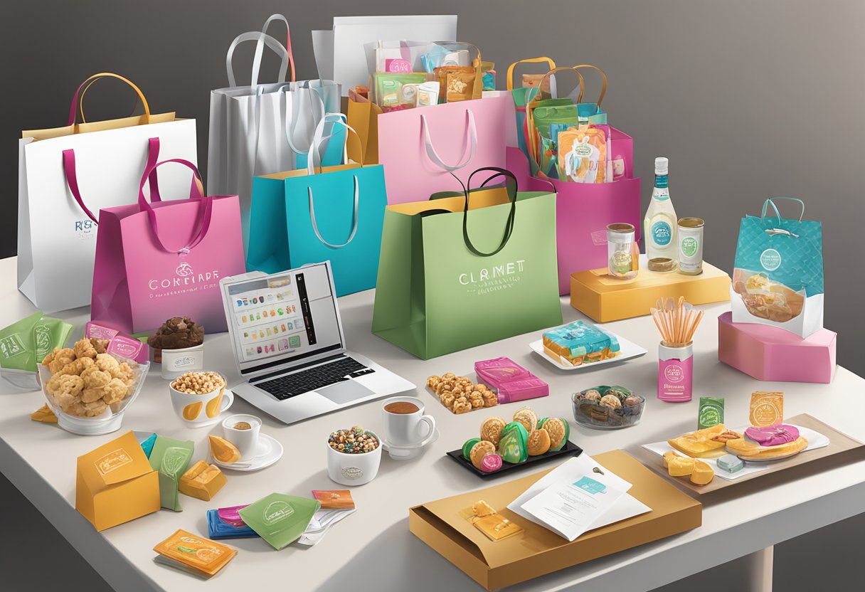 A table adorned with various corporate gift bag ideas, including branded merchandise, gourmet treats, and luxury items