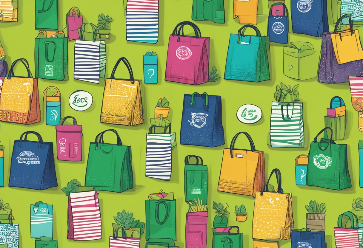 A stack of custom printed recycled bags with "Frequently Asked Questions" text, surrounded by eco-friendly symbols and vibrant colors