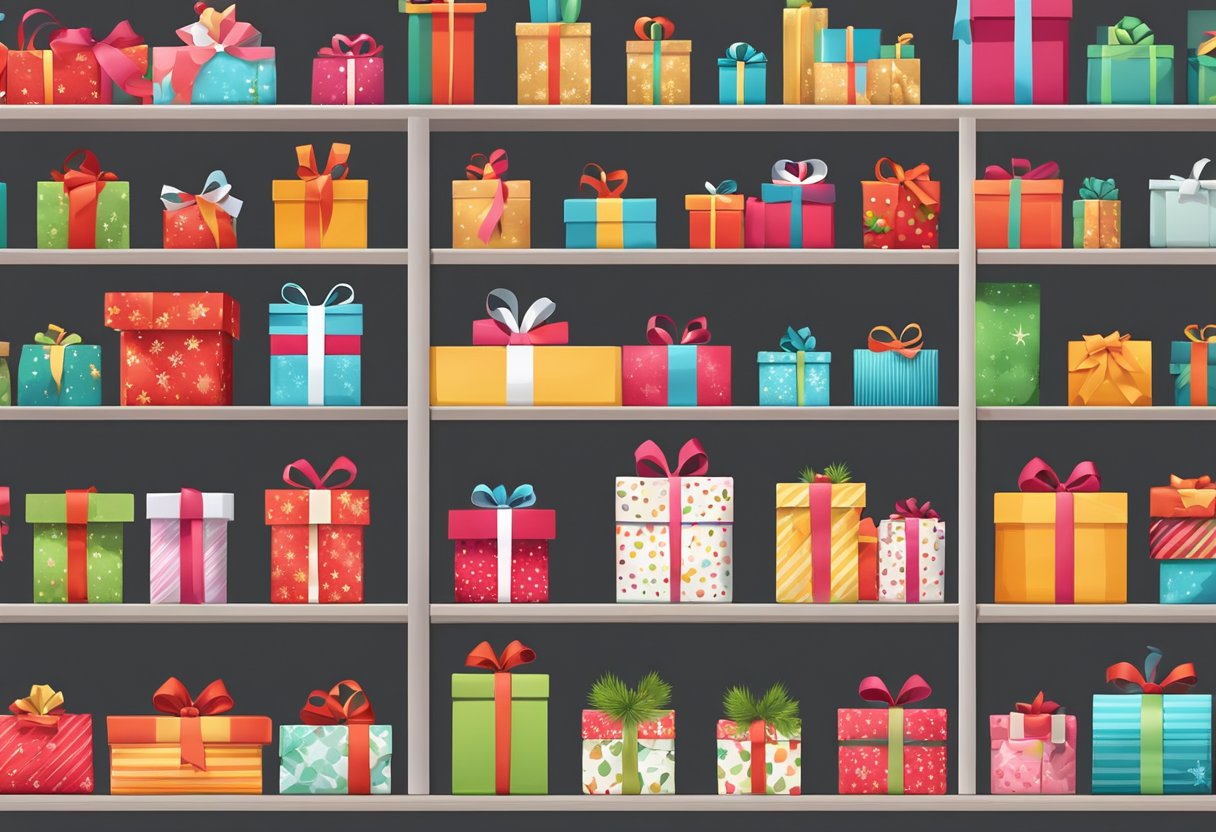 A festive display of assorted bulk Christmas gifts arranged neatly on shelves with colorful wrapping and ribbons
