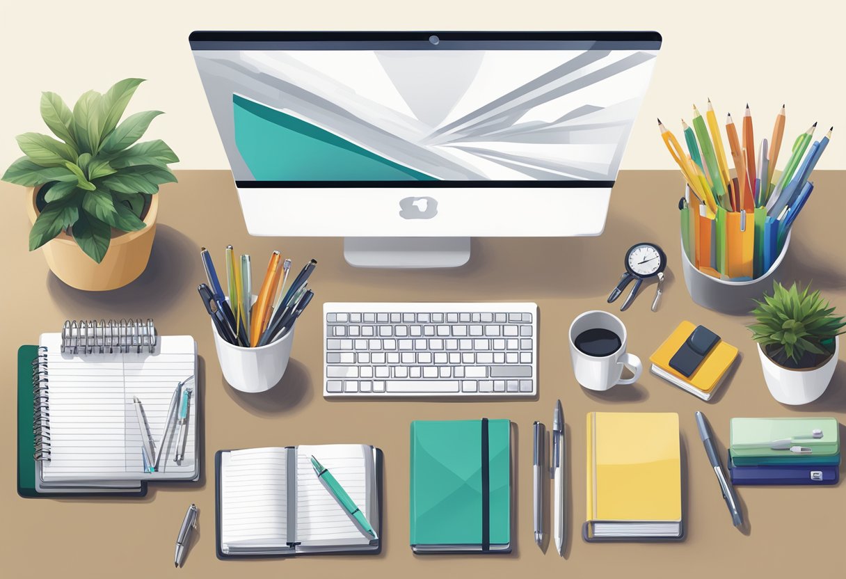 An office desk adorned with various corporate gift items, such as branded pens, notebooks, and mugs, sourced from different suppliers