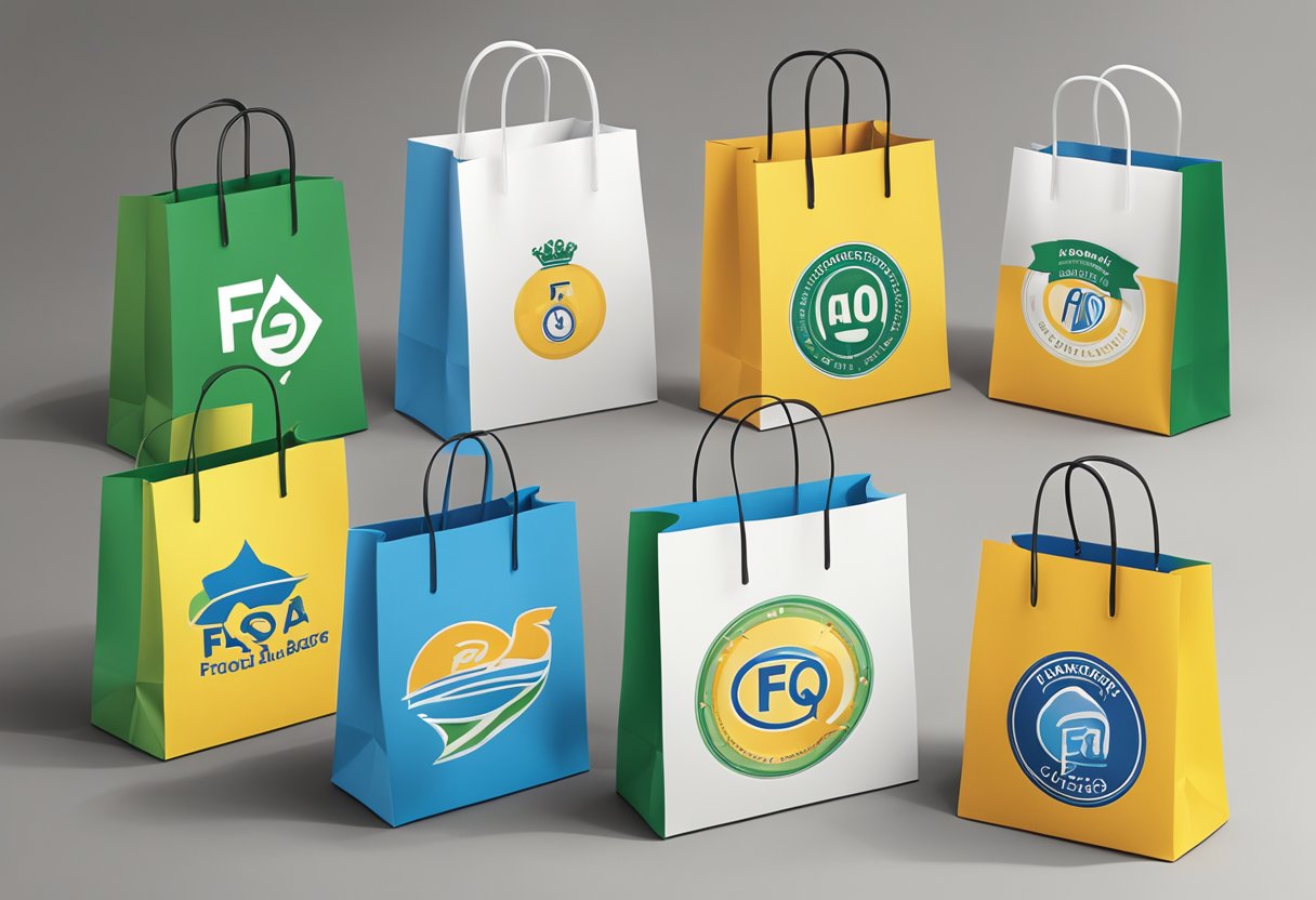 A table displays branded gift bags with FAQ logos. Bags are neatly arranged with promotional items inside