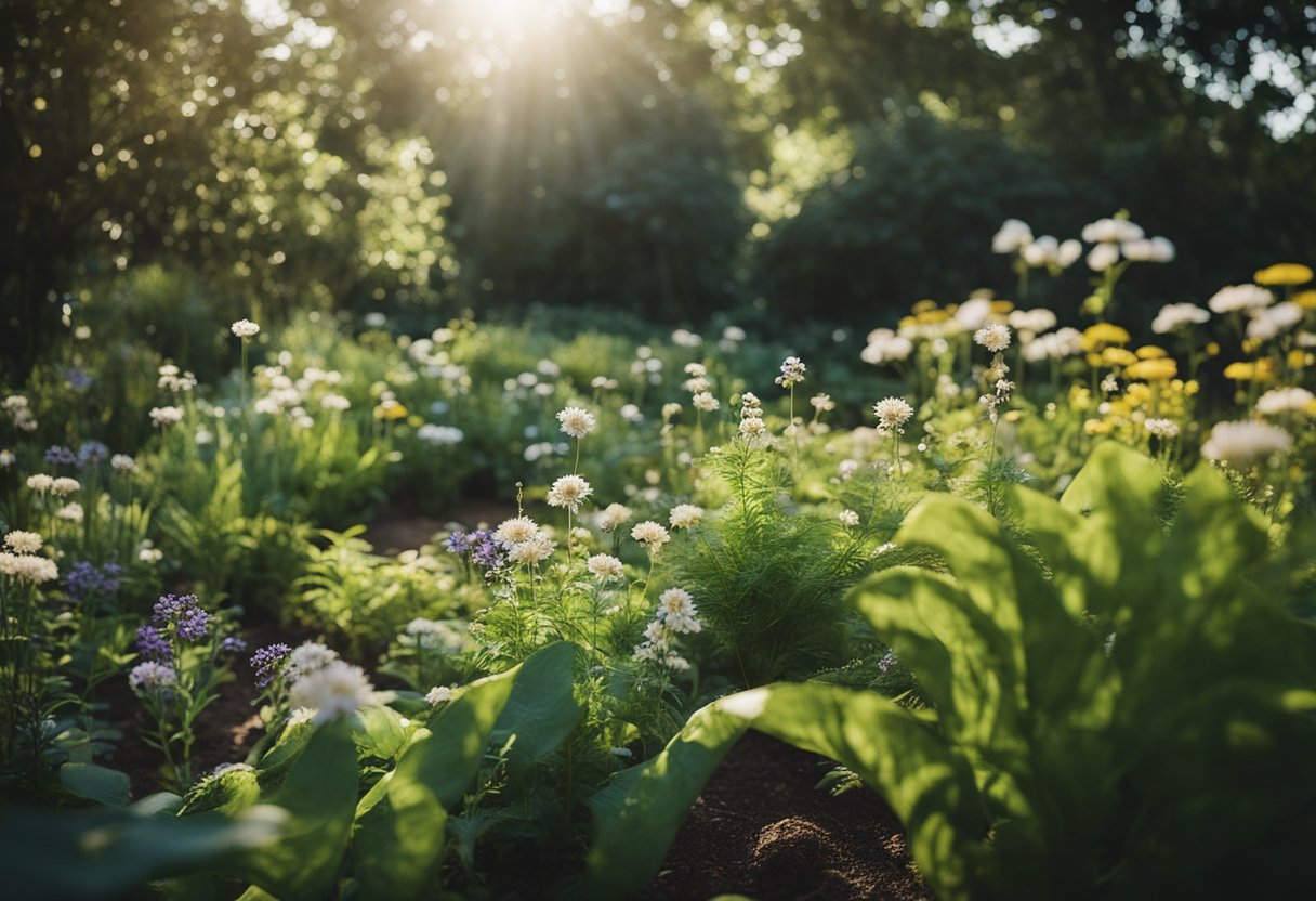 A lush garden filled with native plants, buzzing with pollinators, and surrounded by healthy soil and clean water, showcasing the benefits of environmental sustainability