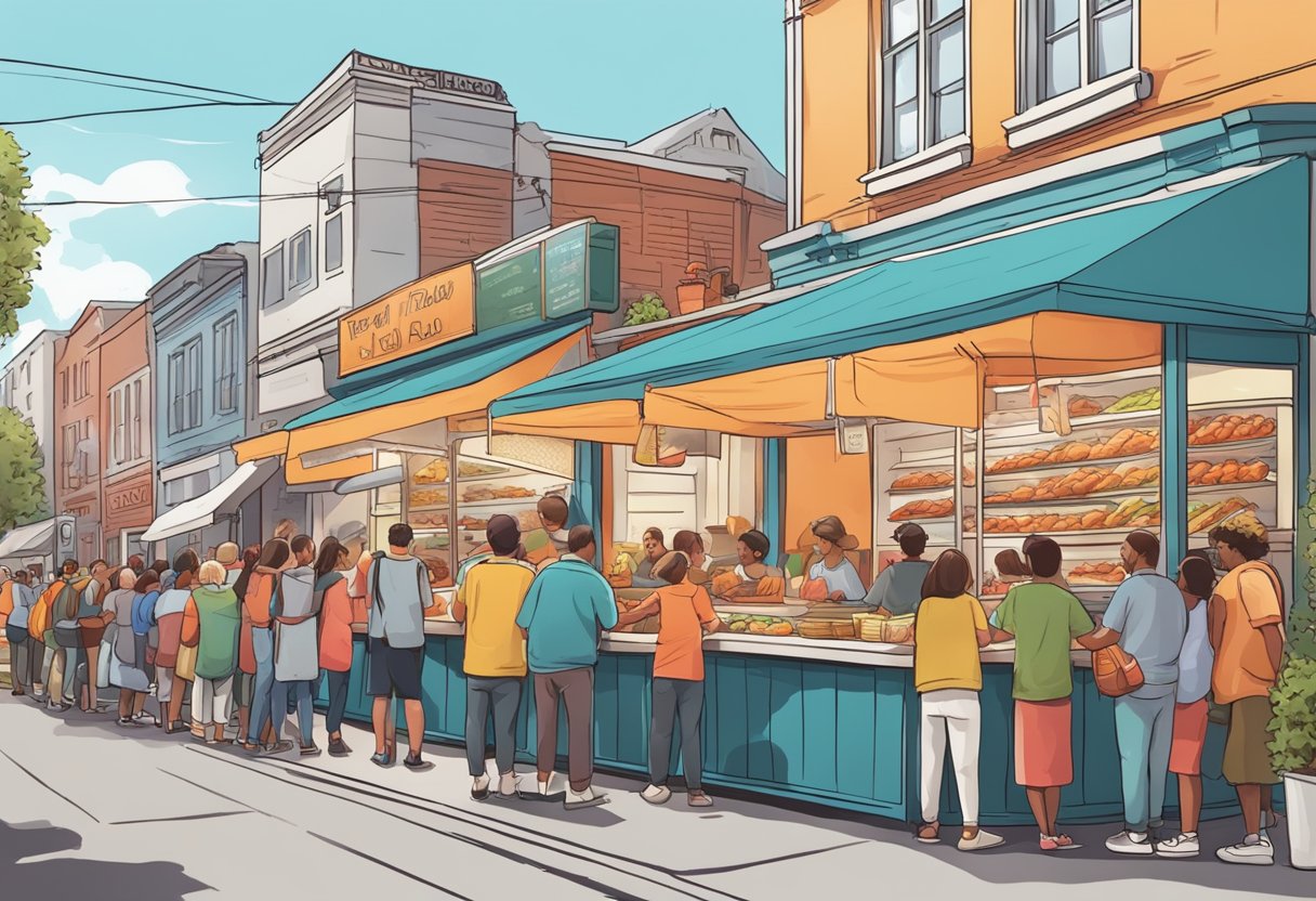 A bustling street with a line of hungry customers outside a vibrant food stall, eagerly waiting for their turn to order a delicious lobster roll