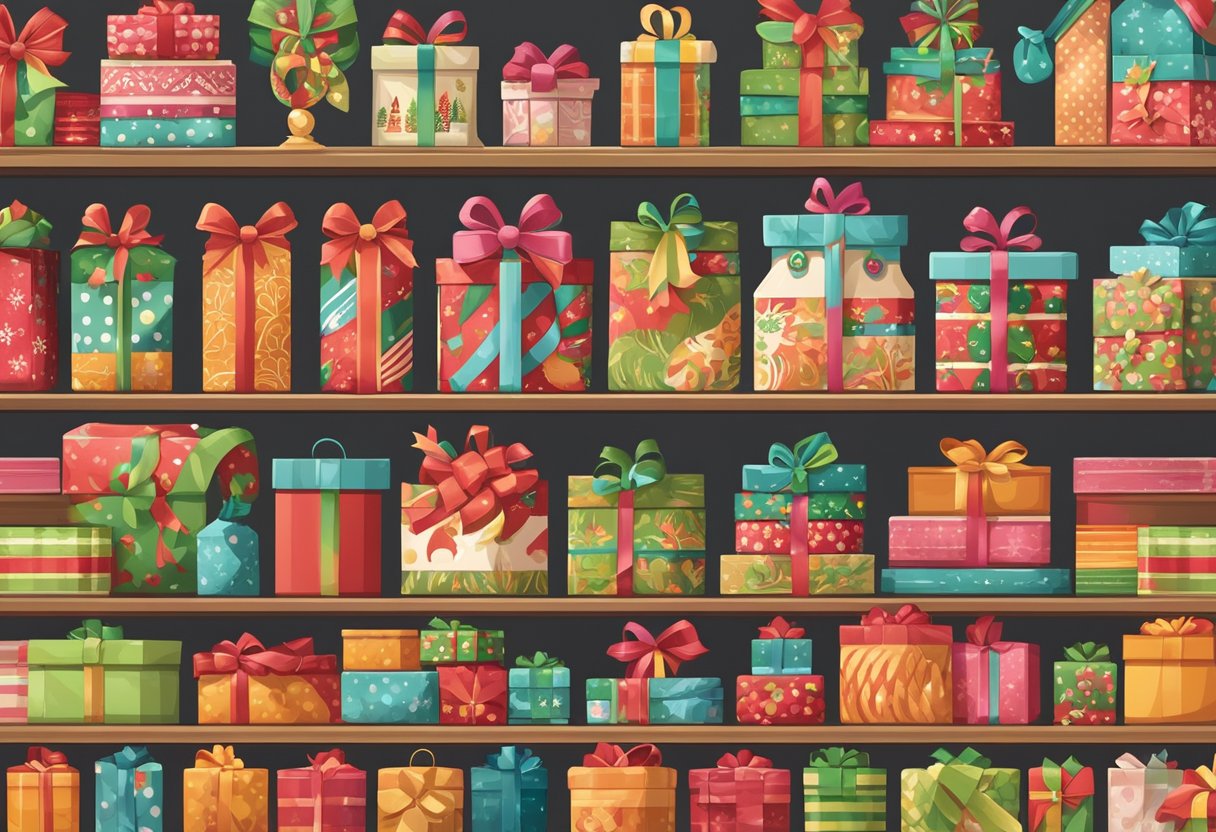 Various bulk Christmas gift categories displayed on shelves with tags and ribbons, including toys, decorations, and gourmet treats