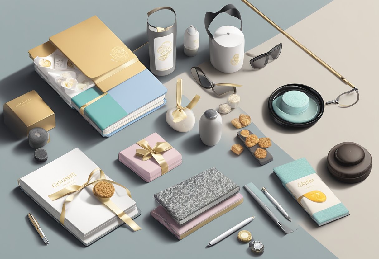 A table displaying various corporate gift bag items: branded notebooks, pens, gourmet snacks, and luxurious spa products