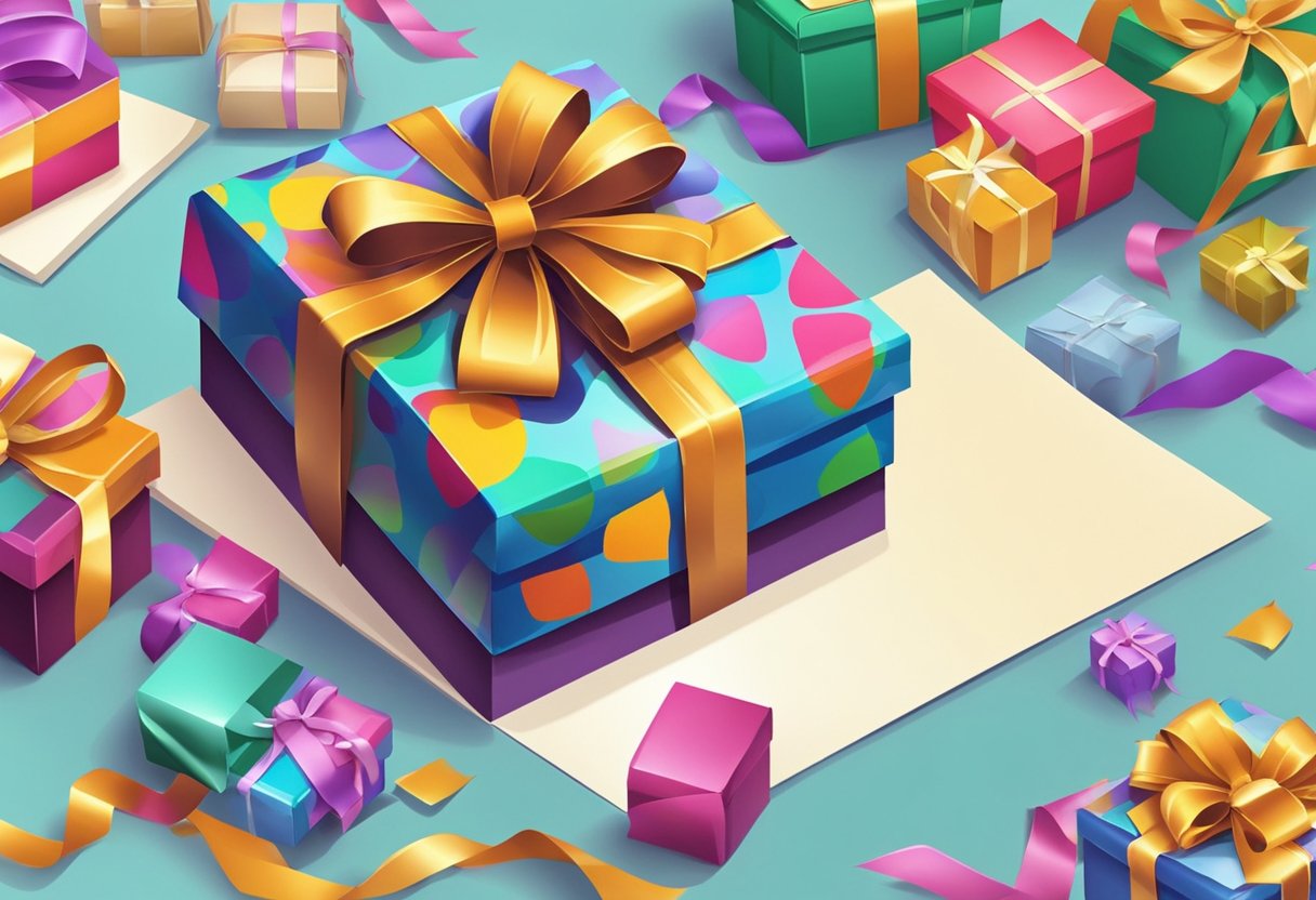 A colorful card gift box sits on a table, adorned with ribbons and bows, ready to be filled with presents