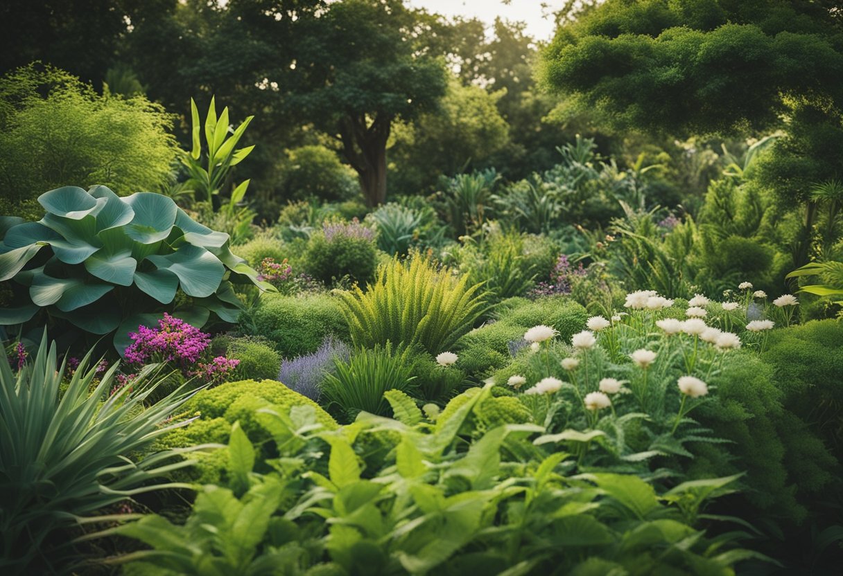 A lush garden of native plants thrives, surrounded by diverse wildlife. The plants are well-maintained, showcasing their vibrant colors and varied textures