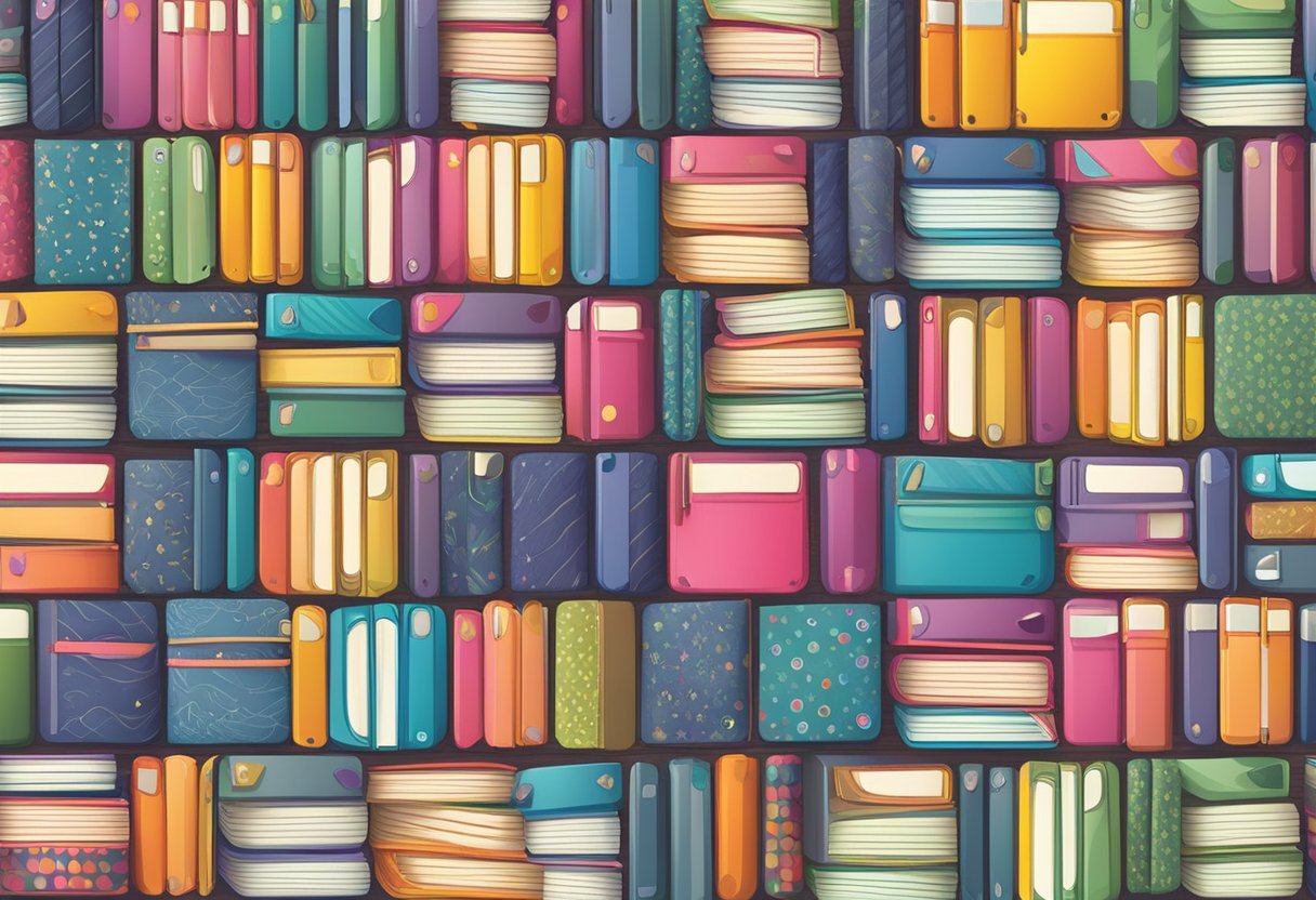 Colorful mini notebooks stacked on a wooden desk with a variety of patterns and designs