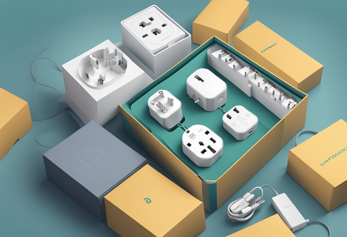 A universal travel adaptor sits on a corporate gift box, with various plug types rotating around the central hub