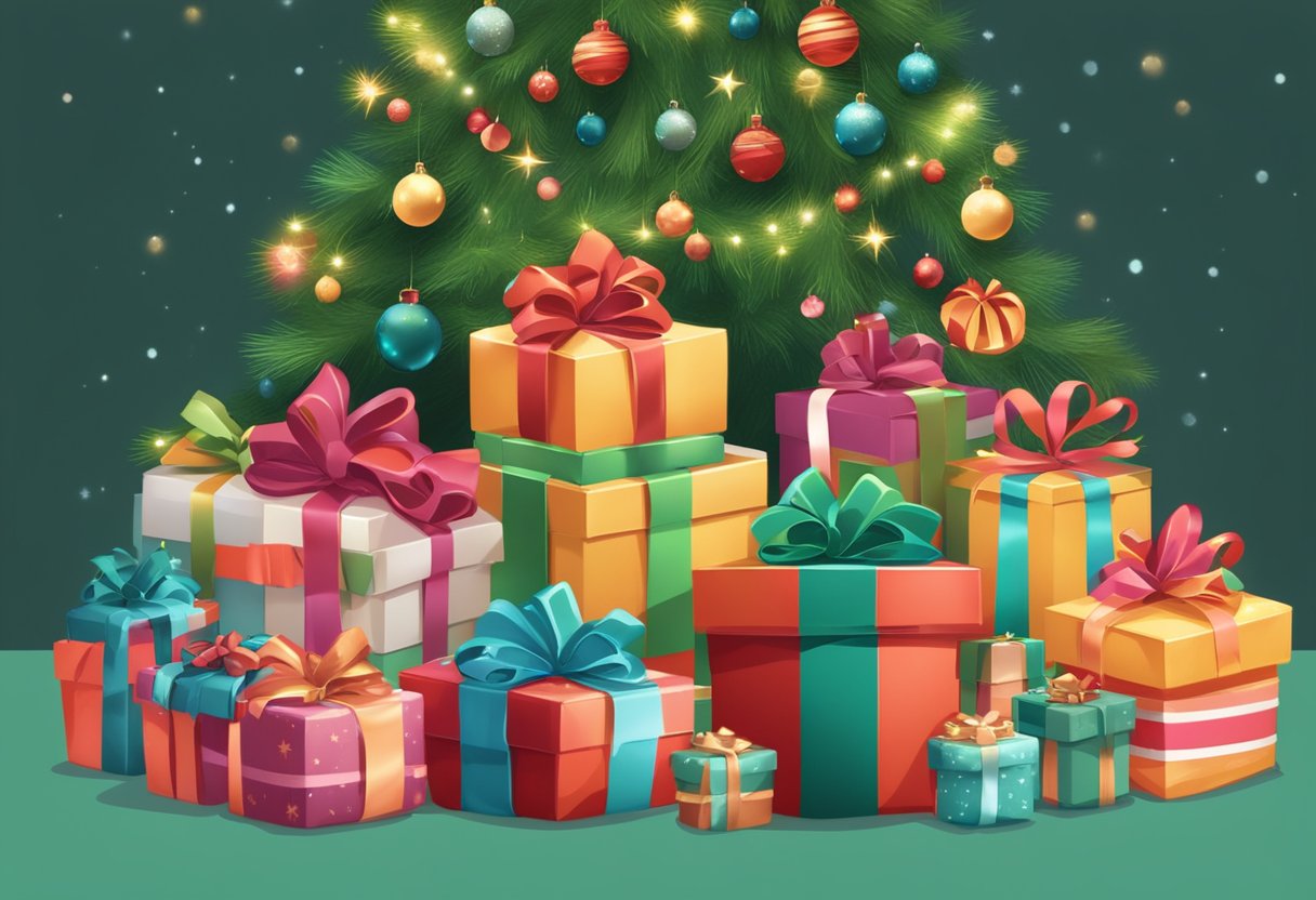 A pile of wrapped gifts labeled "Frequently Asked Questions Christmas Gifts Bulk" sits under a decorated tree, surrounded by festive ribbons and bows
