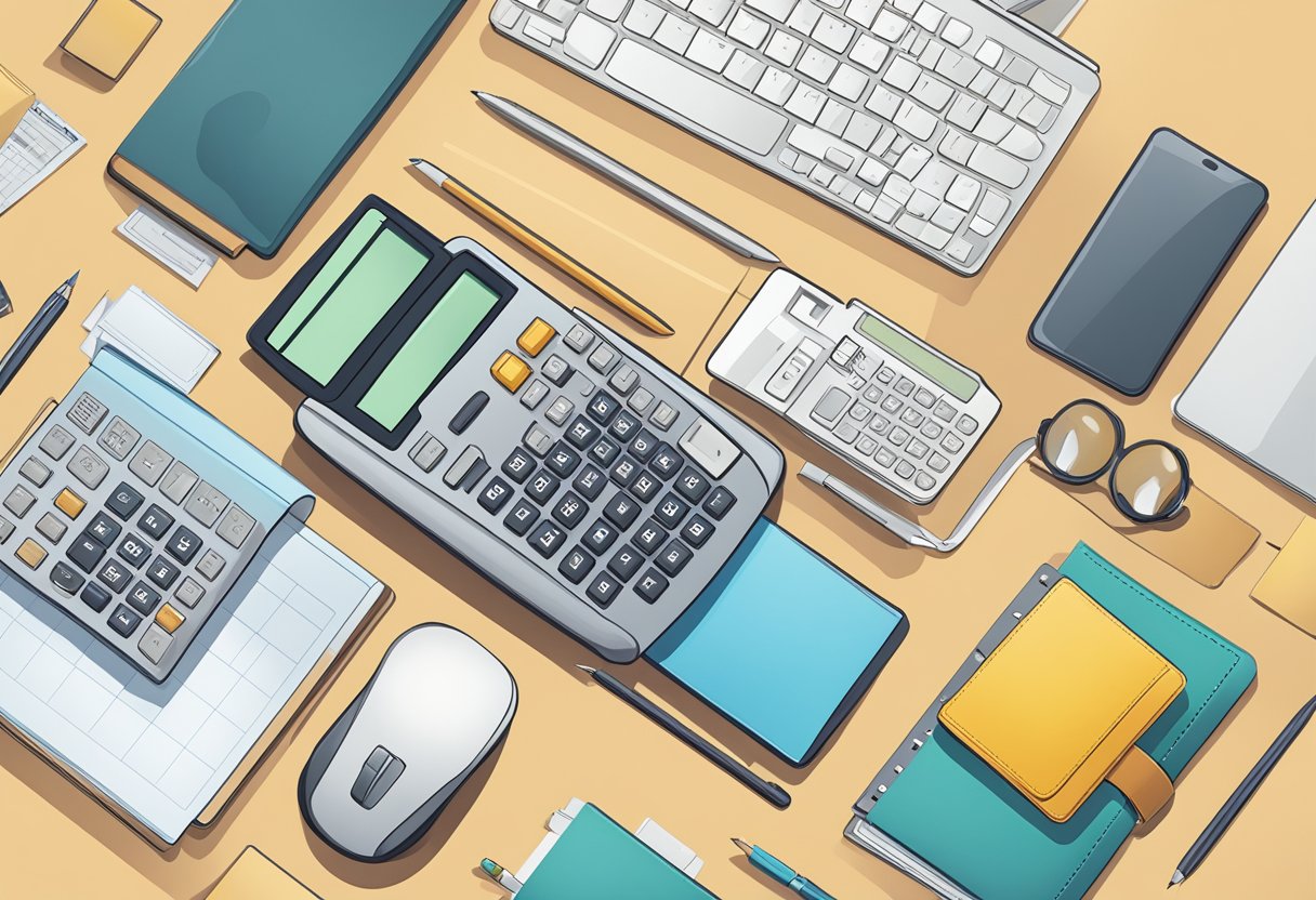 A calculator, mousepad, and corporate gifts arranged neatly on a desk