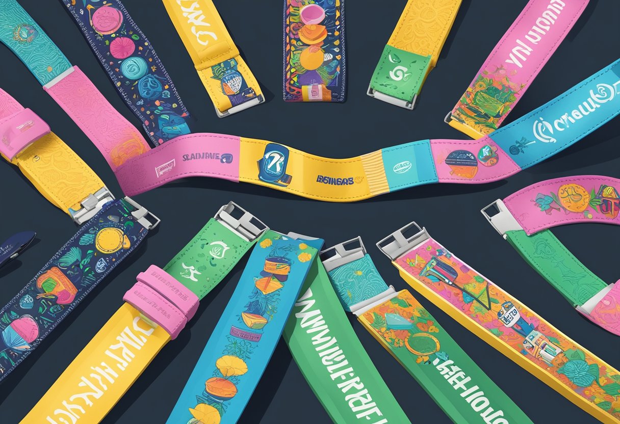 Colorful custom wristbands arranged in a circular pattern on a flat surface, with various designs and slogans printed on them