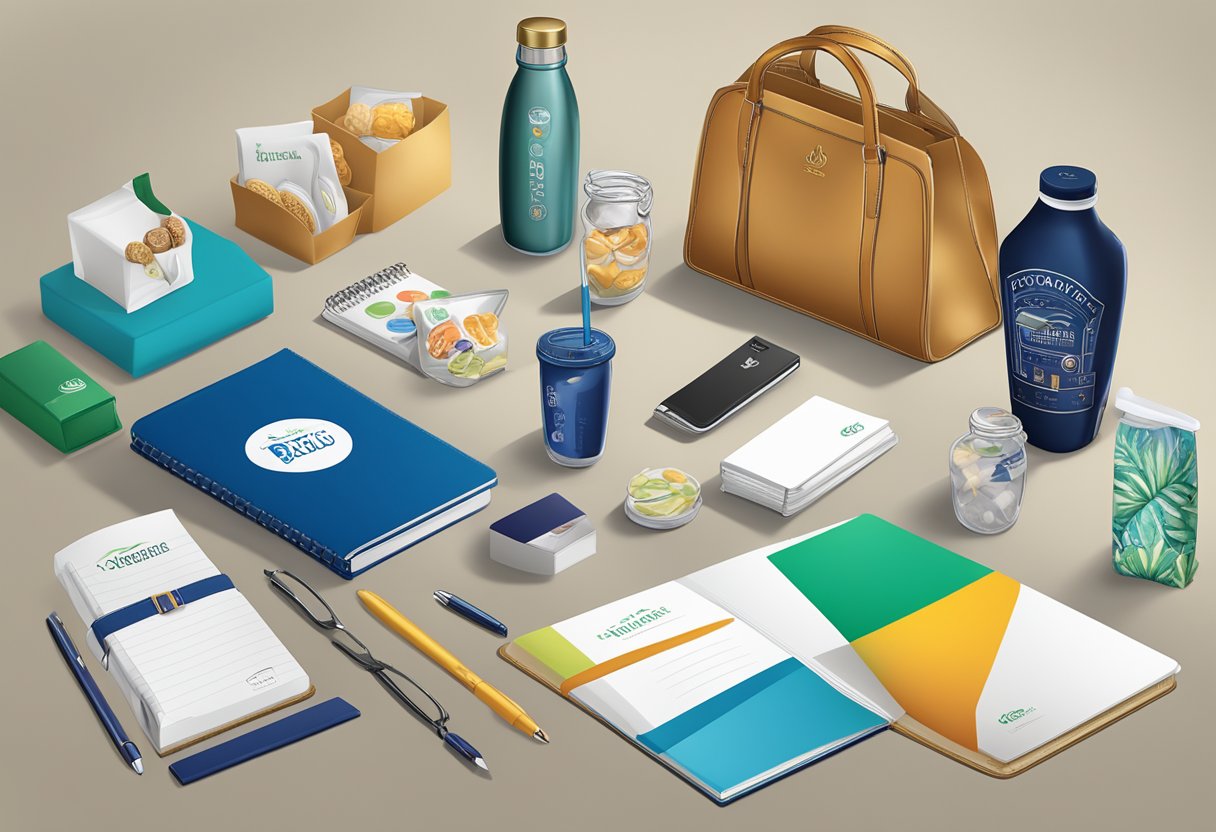 A table displaying a variety of corporate gift bag items, including branded notebooks, high-quality pens, sleek water bottles, and gourmet snacks