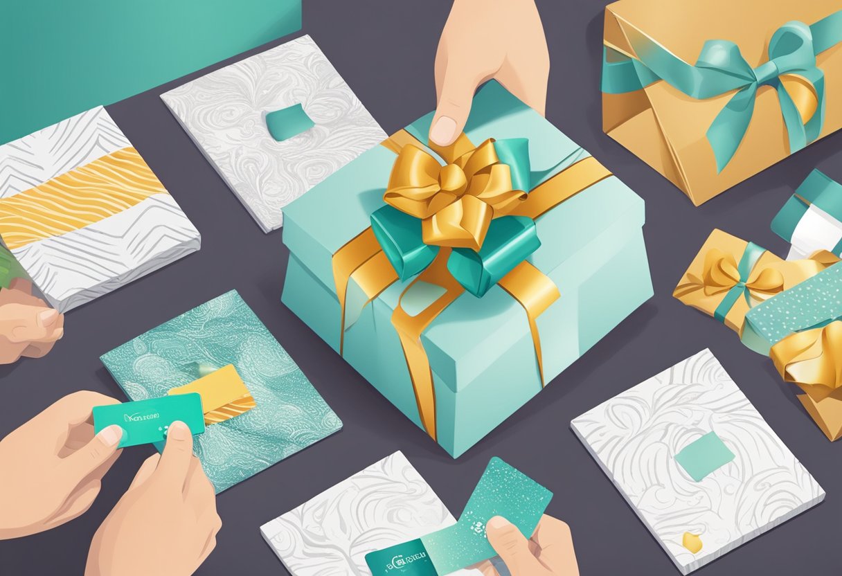 A hand places a gift card into a box, surrounded by other gift cards and packaging materials