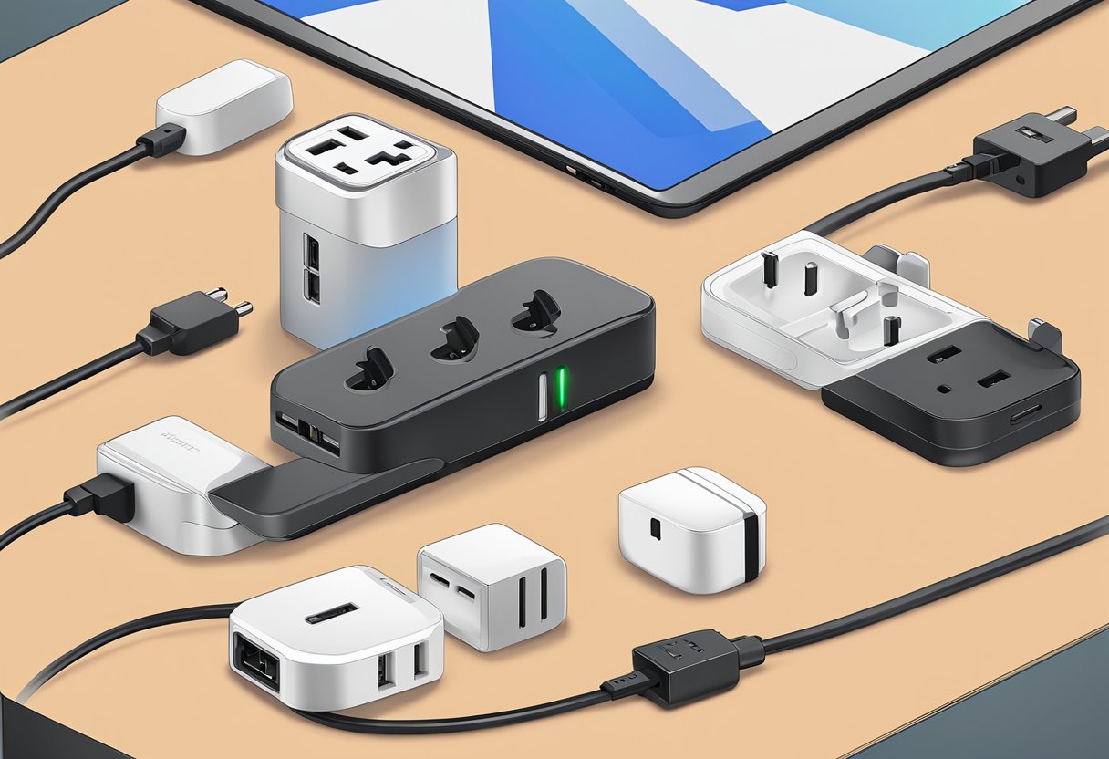 A universal rotational travel adaptor sits on a desk, with multiple plug options and a sleek, modern design