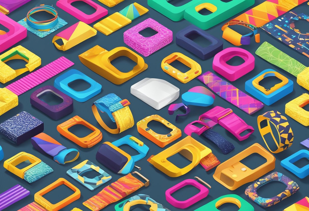 Colorful wristbands being designed with unique patterns and logos. Materials and tools scattered on a work table. Bright lighting highlights the vibrant colors