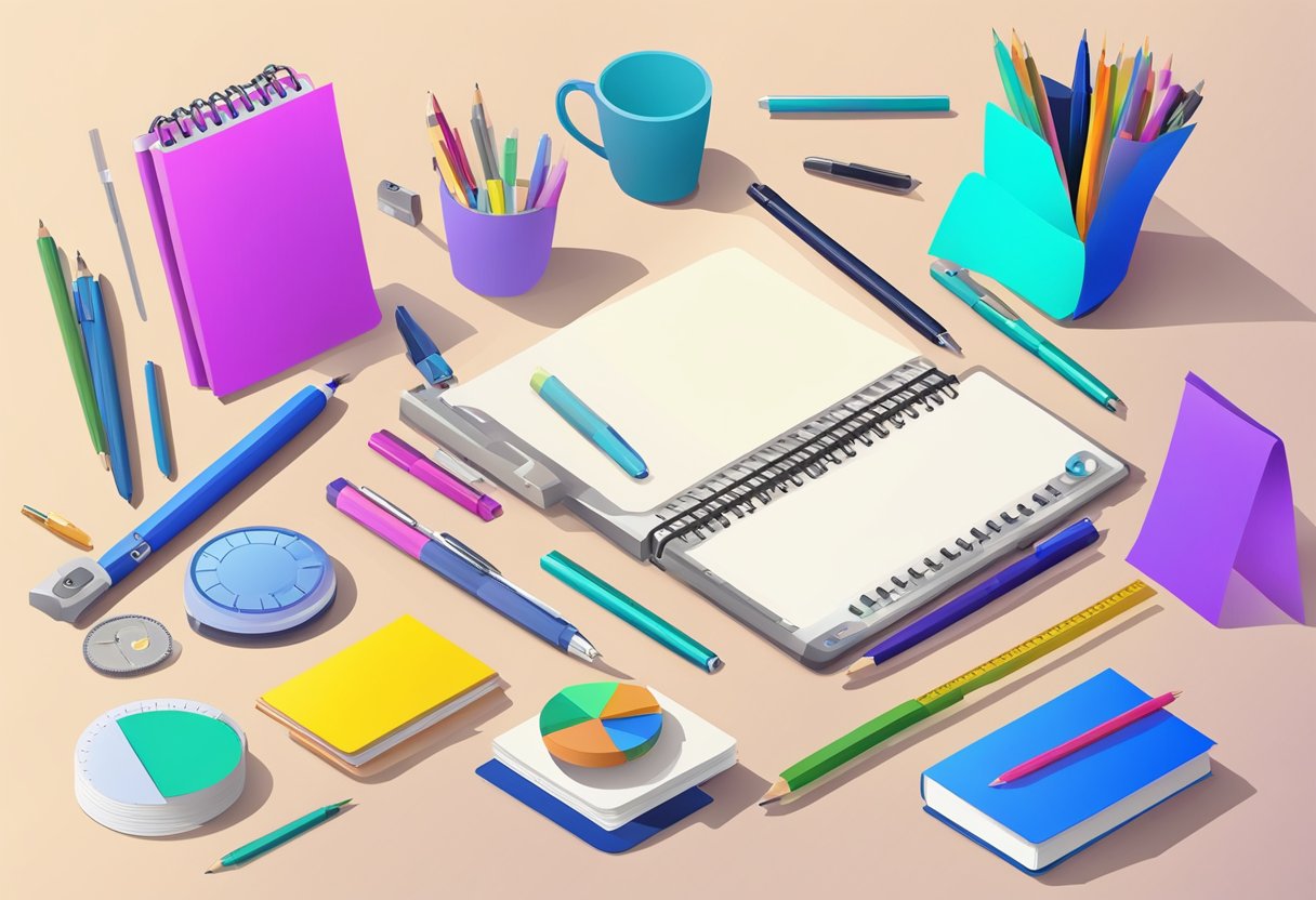 A table with various colorful papers, pens, and rulers scattered around. A computer displaying custom mini notebook designs