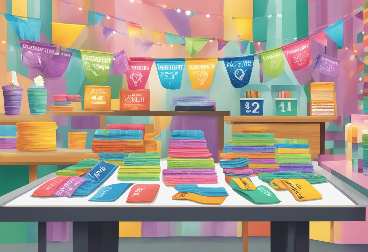 A table with various custom wristbands and a sign reading "Frequently Asked Questions" displayed at a busy event or store