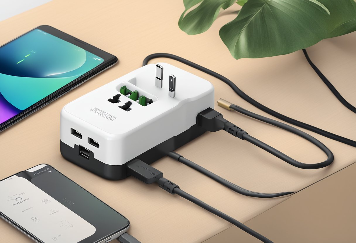 A universal travel adaptor with customizable branding options displayed on a clean, modern desk with various international plugs in the background