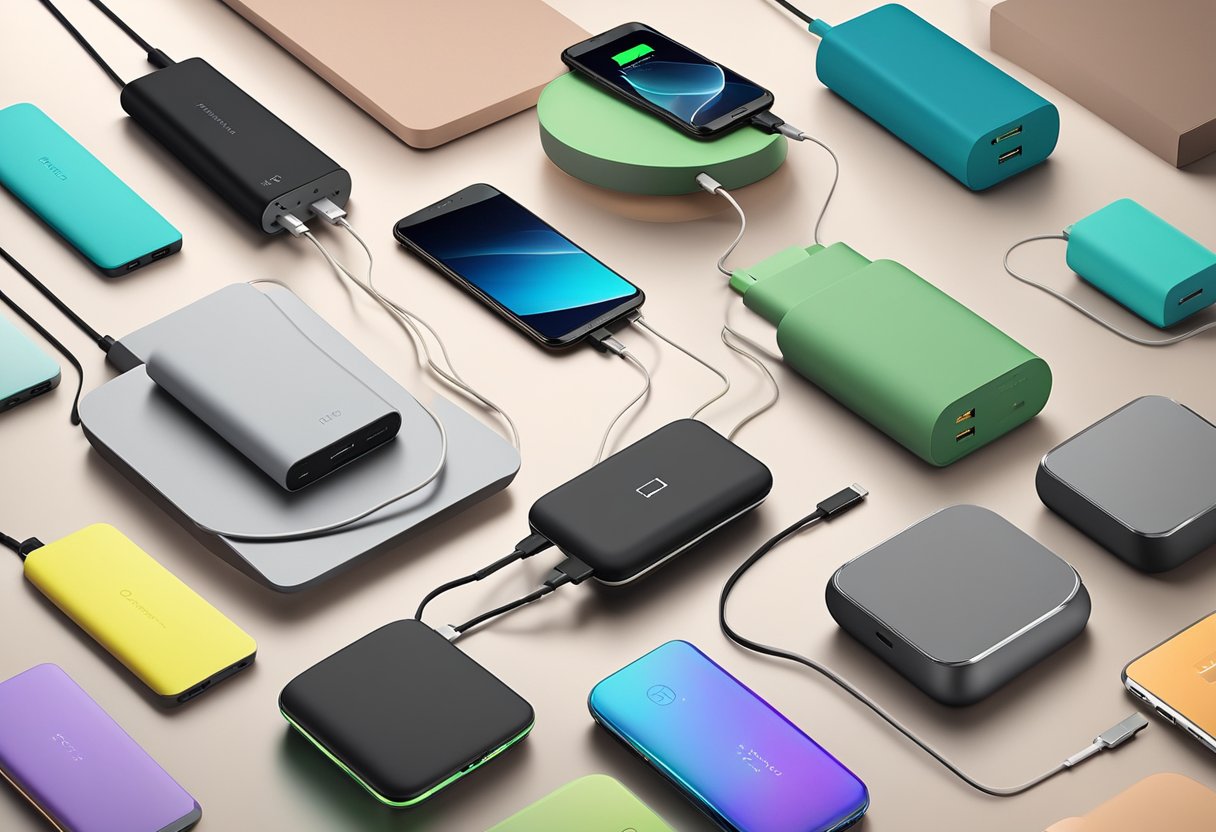 Custom portable chargers arranged neatly on a sleek, modern countertop. Various sizes and colors, with charging cables neatly coiled next to them