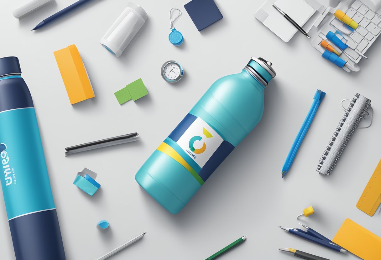 A branded water bottle surrounded by office supplies and a corporate logo in the background