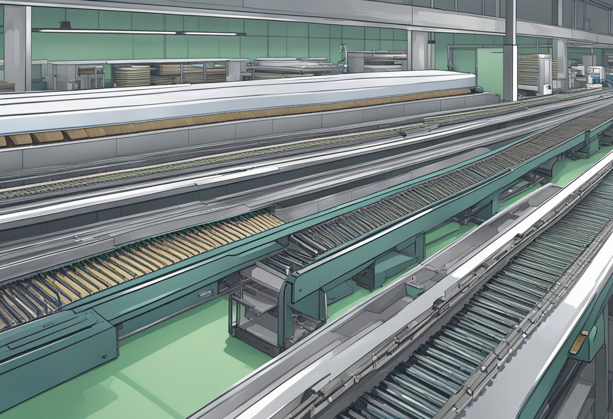 A conveyor belt moves custom mini notebooks through a production line. Finished notebooks are stacked and packaged for distribution