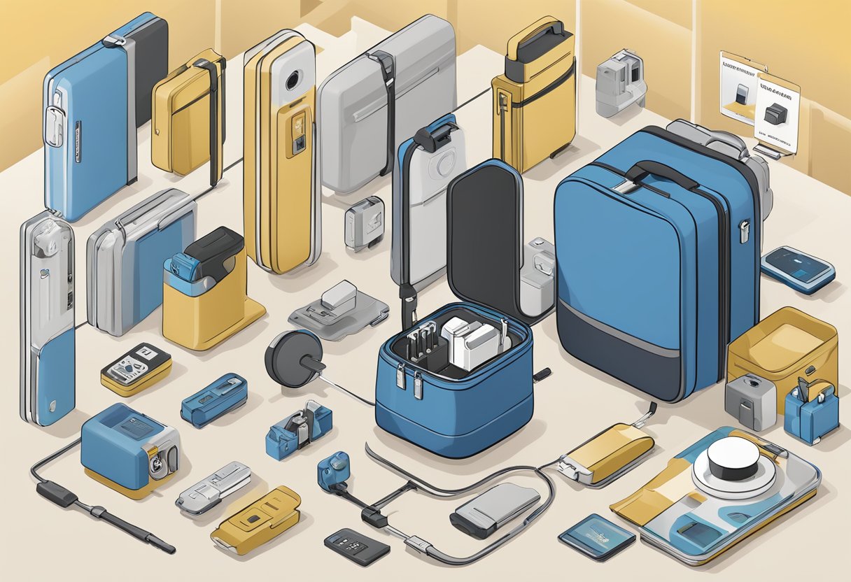 A universal travel adaptor surrounded by various corporate gift items, with a "Frequently Asked Questions" banner in the background
