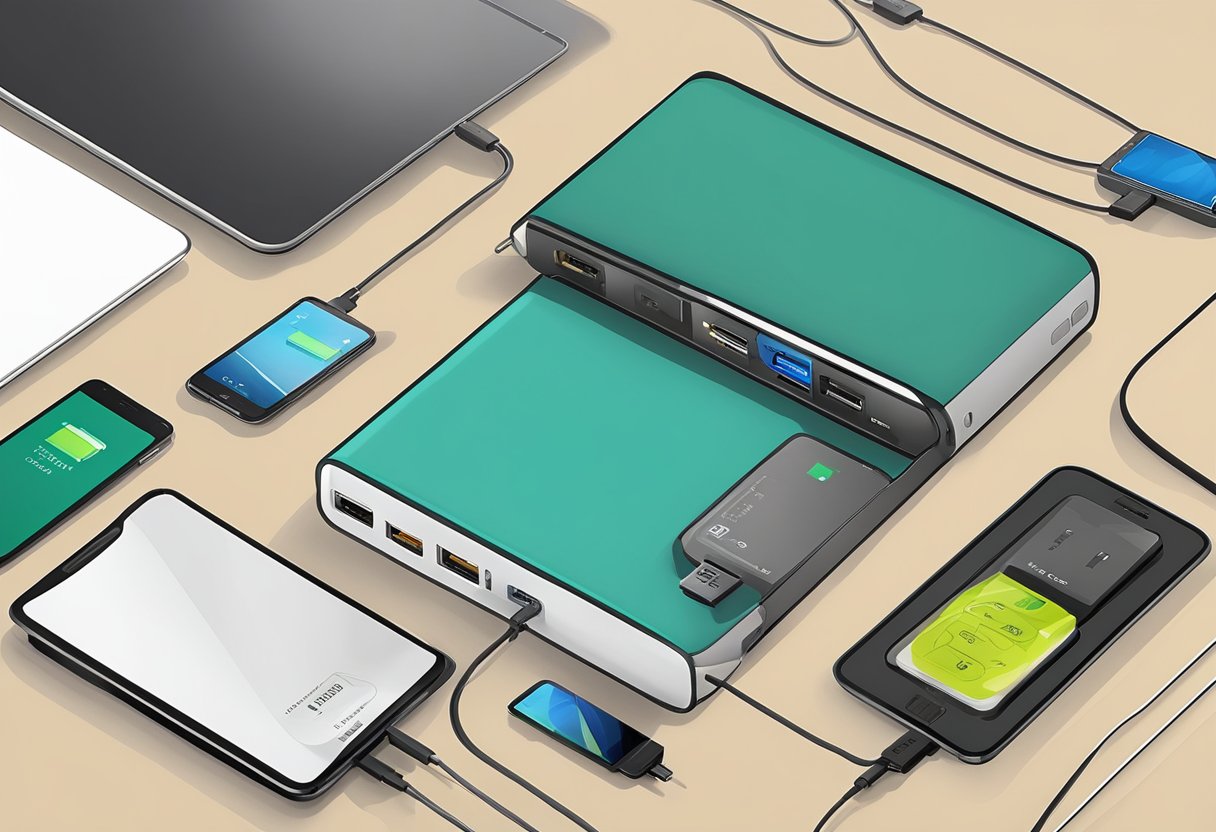 A table with various electronic devices plugged into custom portable chargers. The chargers are sleek and personalized with different colors and designs