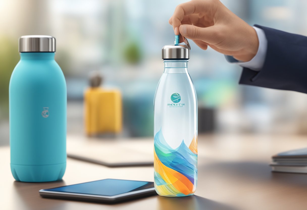 A hand reaches for a sleek, branded water bottle among a variety of corporate gifts on a table. The bottle is displayed prominently, with other items blurred in the background