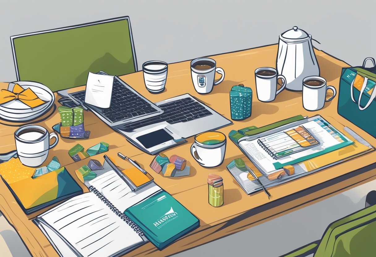 A table with various corporate gift items neatly arranged: branded mugs, notebooks, pens, and gourmet snacks. A banner with "Frequently Asked Questions corporate gift bag ideas" hangs in the background