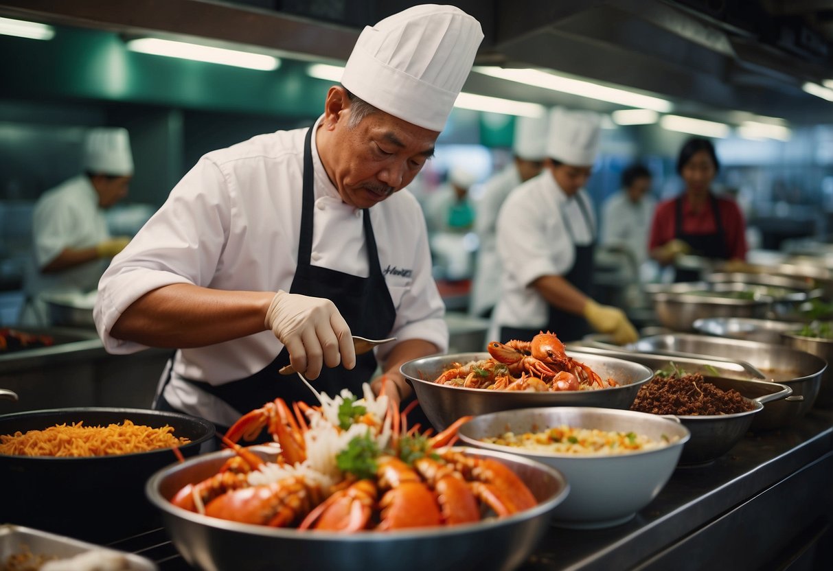 A chef prepares a sumptuous lobster dish in a bustling Singapore seafood market, surrounded by vibrant spices and fresh ingredients